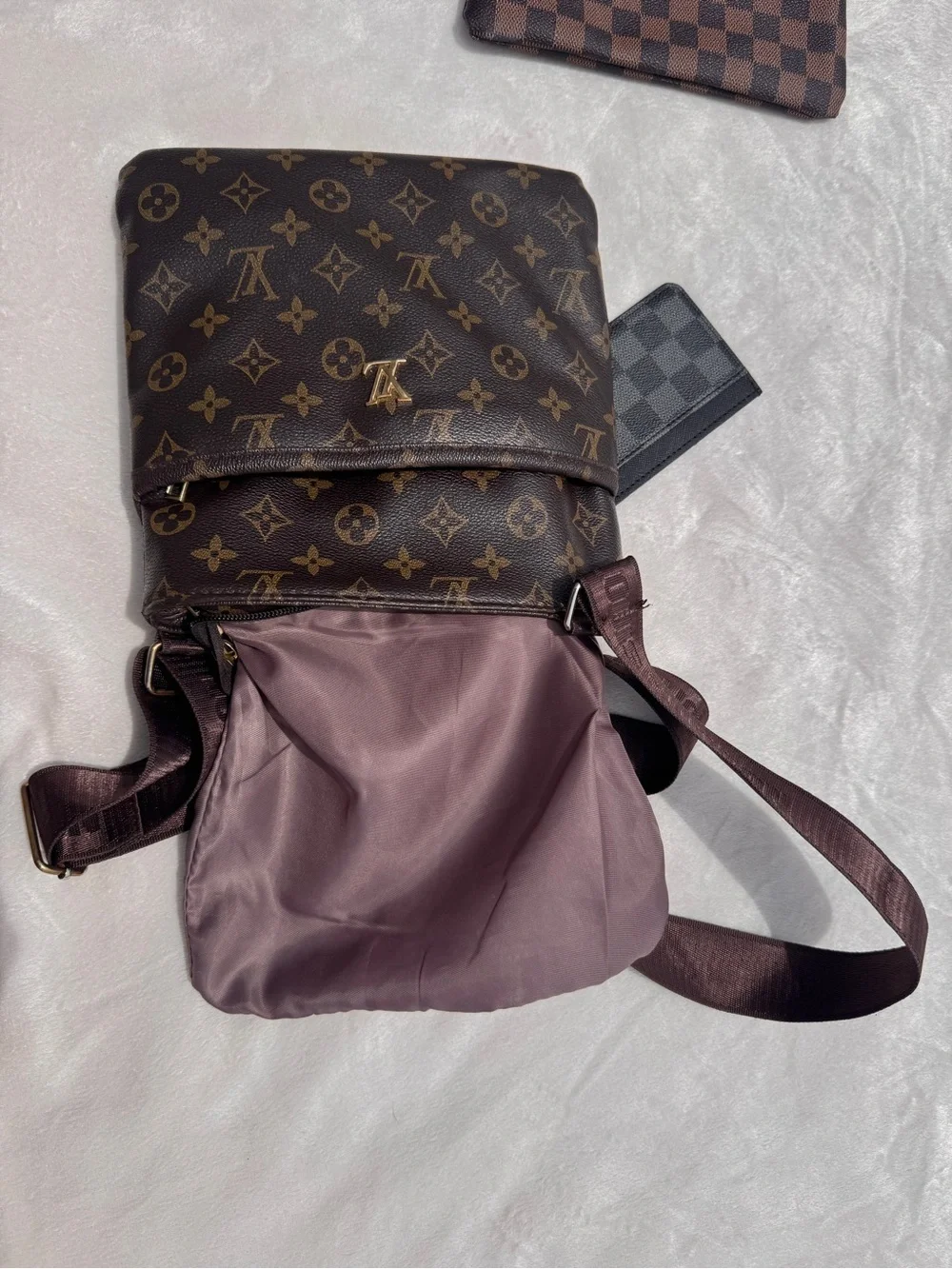 Louis Vuitton Monogram & Damier Brown Crossbody Bag with Gold LV Emblem - Picture 9 of 13